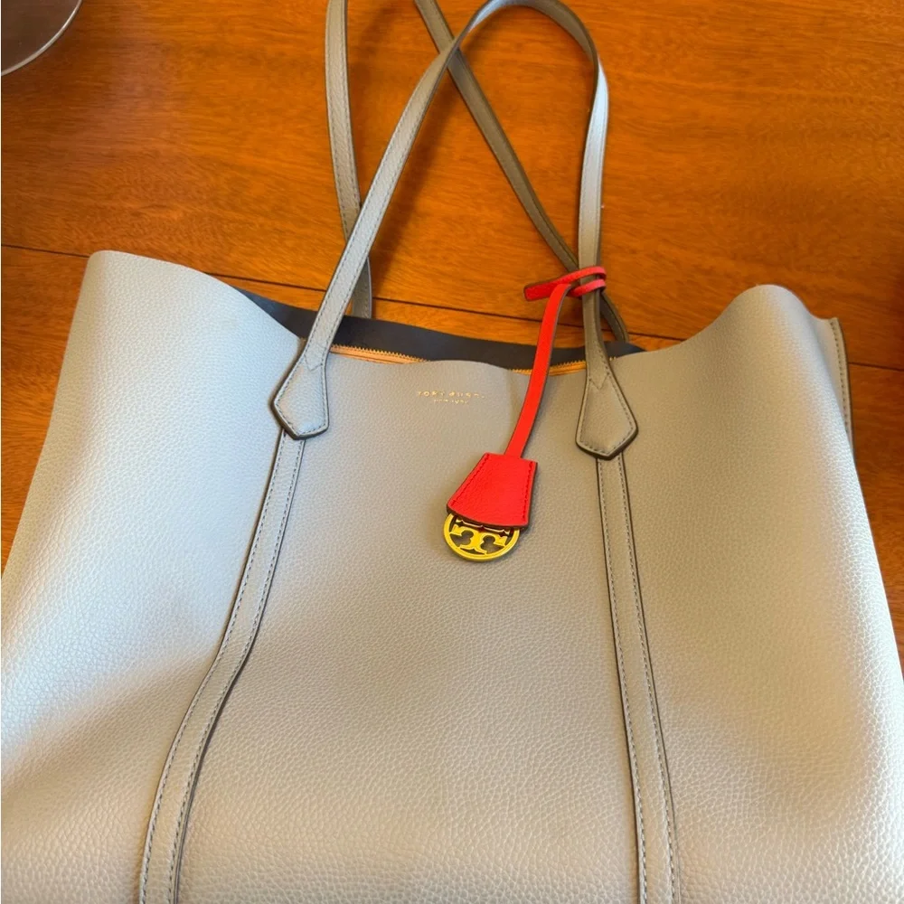 Tory Burch Light Blue Leather Tote with Red Accent Tag